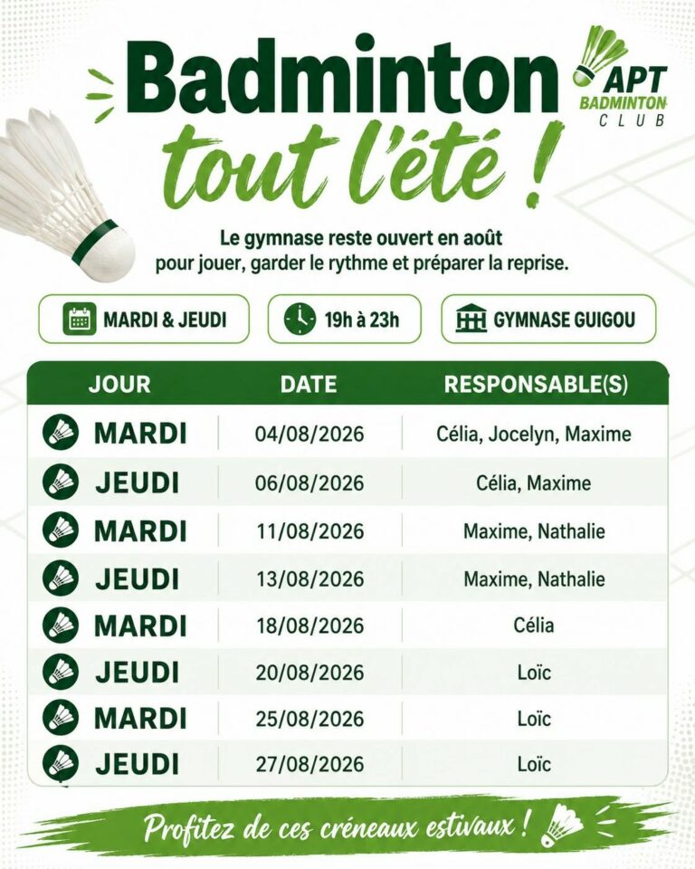 Badminton tout l'été 2026 à Apt