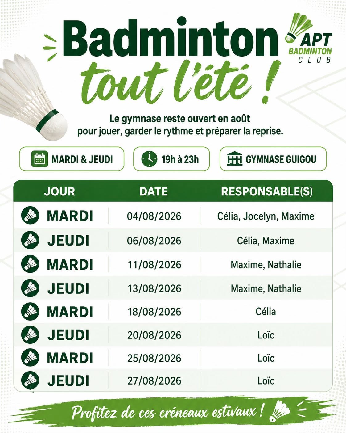 Badminton tout l'été 2026 à Apt